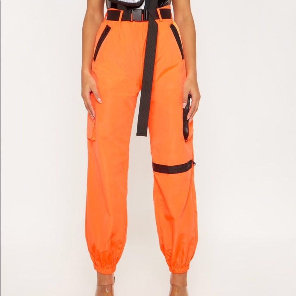 PrettyLittleThing Neon Orange Shell Belted Joggers